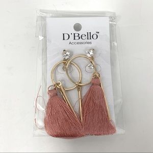 NWT DBello Pink Tassel Long Hoop Stud CZ Earrings